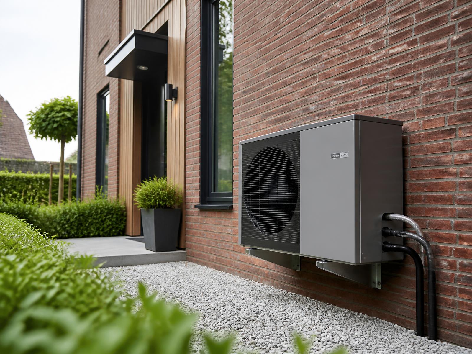 Moderne warmtepomp-buitenunit tegen een strakke gevel